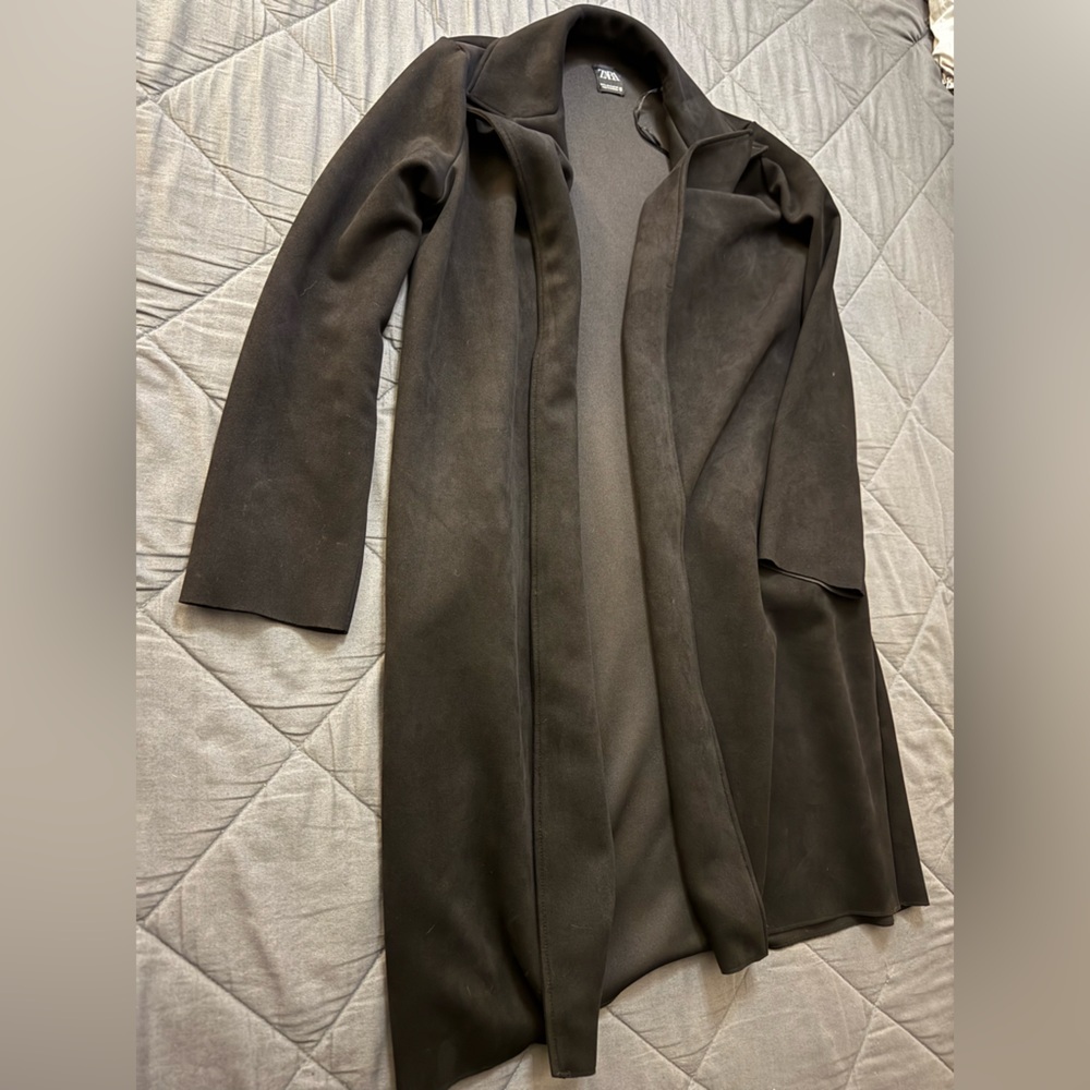 Zara Black Microfiber Suede Textured Long Jacket - Picture 3 of 9